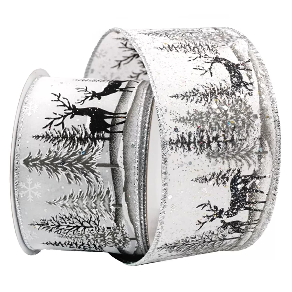 Christmas Forever WIRED RIBBON 2.5″x10 YDS. WHITE W/ BLACK WHITE REINDEERS & TREES