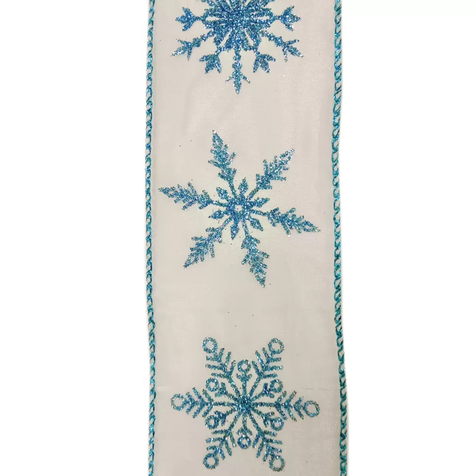 Christmas Forever WIRED RIBBON 2.5″X10 YDS WHITE W/ BLUE SNOWFLAKES