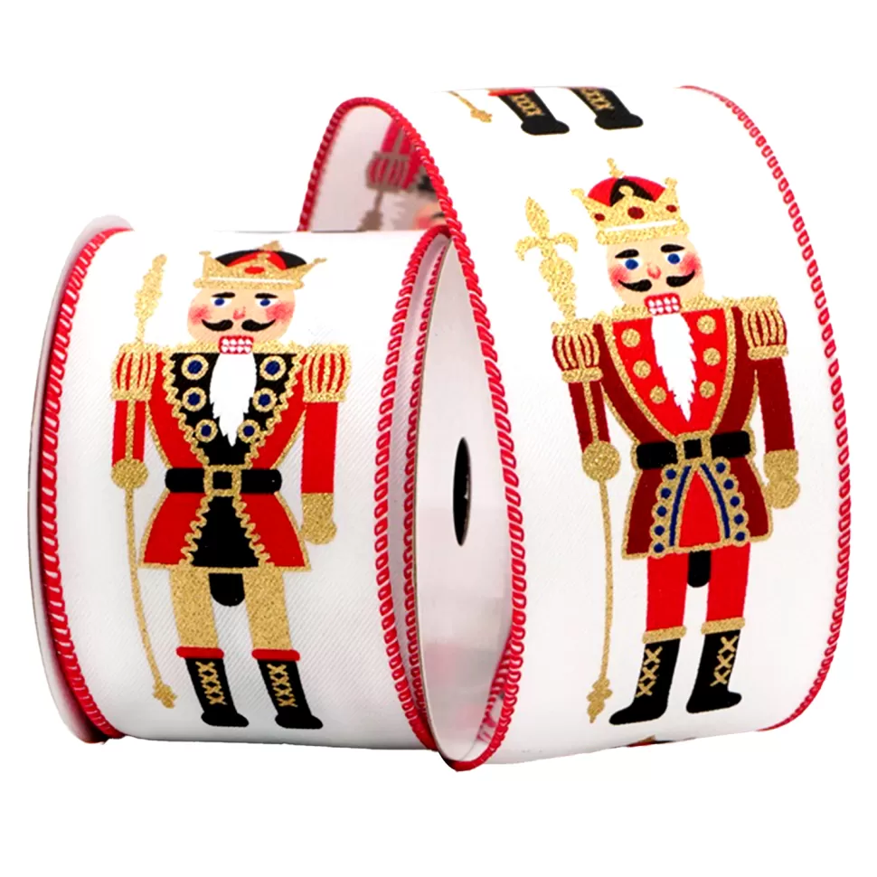 Christmas Forever WIRED RIBBON 2.5″x10 YDS. WHITE W/ NUTCRACKER