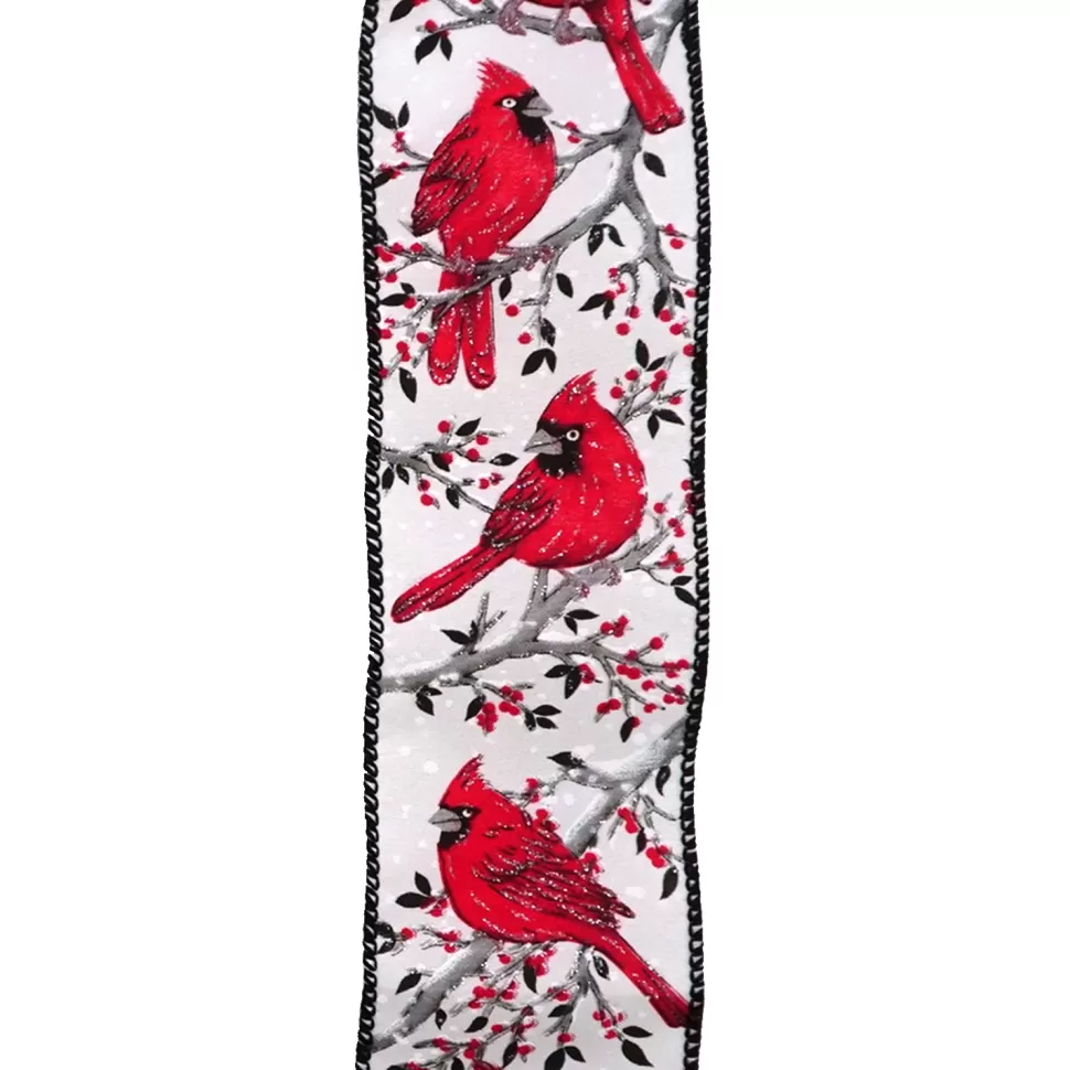 Christmas Forever WIRED RIBBON 2.5″X10 YDS WHITE W/ RED CARDINAL IN BRANCH