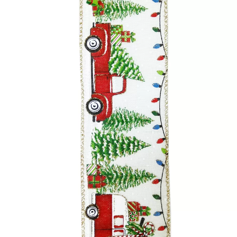 Christmas Forever WIRED RIBBON 2.5″X10 YDS WHITE W/ RED TRUCK/CAMPER W/ XMAS TREES