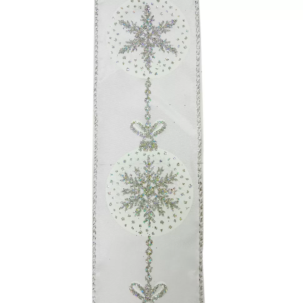 Christmas Forever WIRED RIBBON 2.5″X10 YDS WHITE W/ SILVER SNOWFLAKES IN BALL
