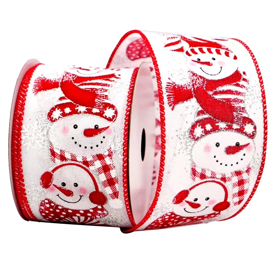 Christmas Forever WIRED RIBBON 2.5″x10 YDS. WHITE W/ WHITE/RED SNOWMEN