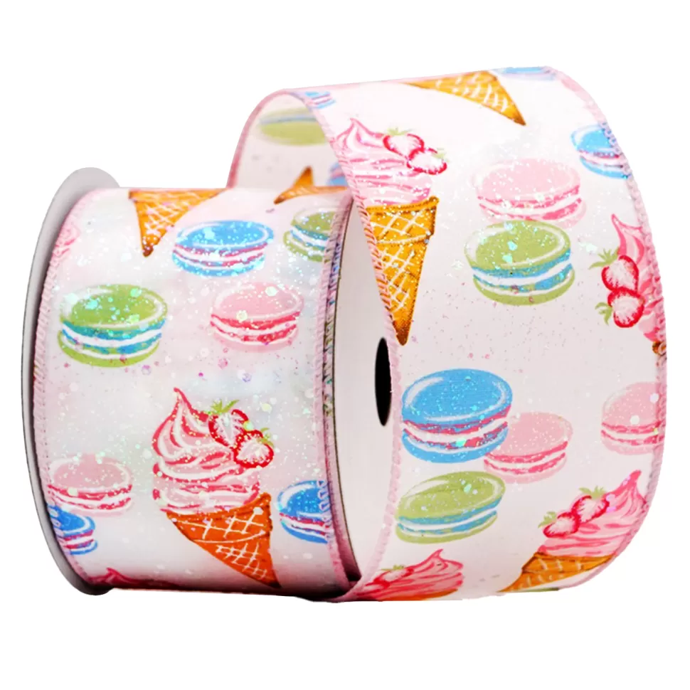 Christmas Forever WIRED RIBBON 2.5″x10 YDS. WHITE/PINK W/ MULTI MACAROONS & ICE CREAM