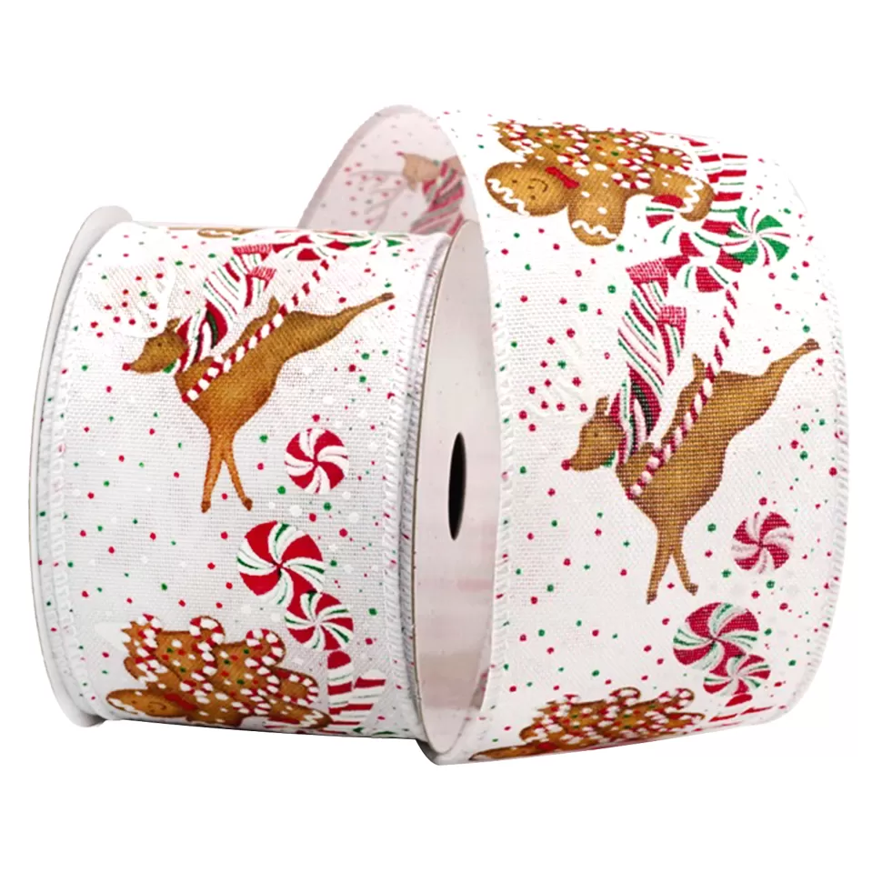Christmas Forever WIRED RIBBON 2.5″x10 YDS. WHITE/RED W/ GINGERBREAD & SWIRL CANDIES