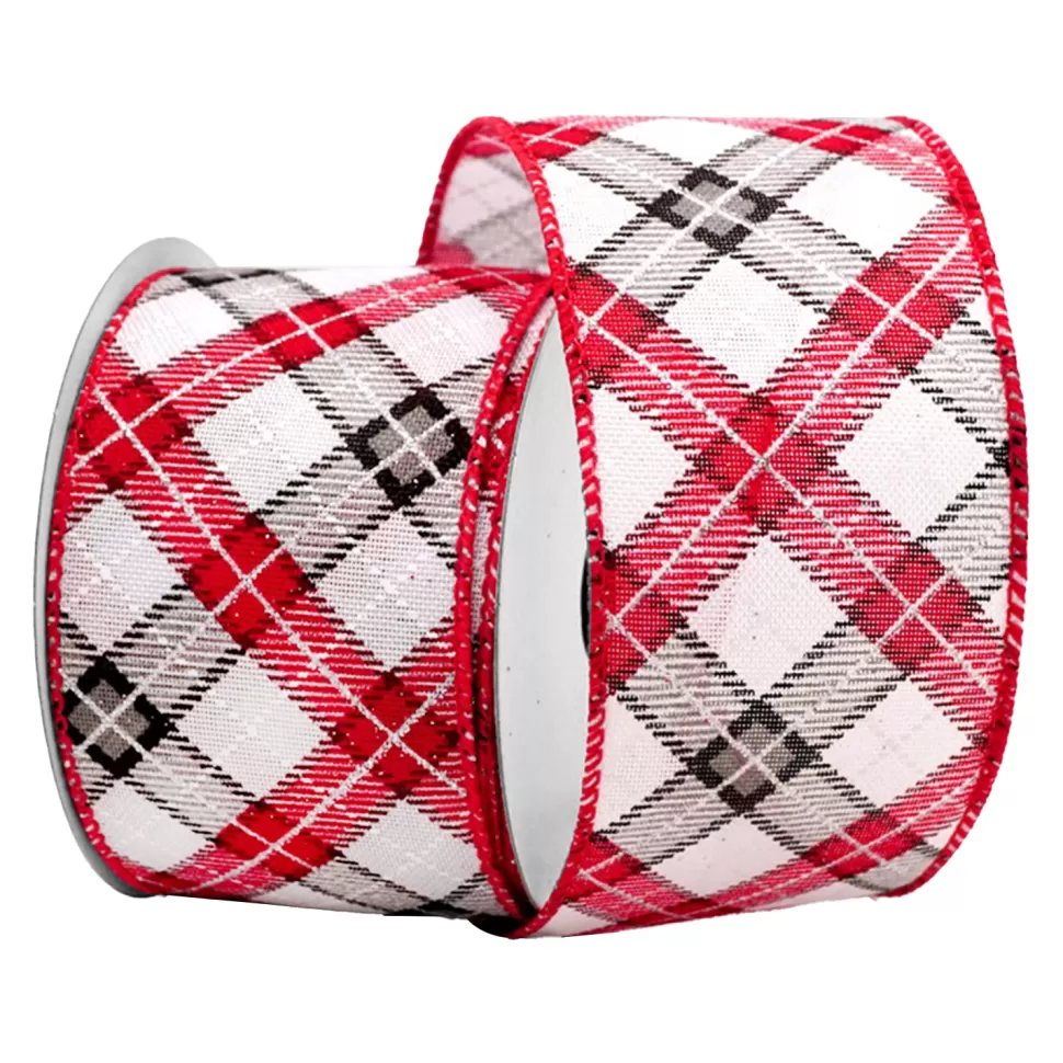Christmas Forever WIRED RIBBON 2.5″x10 YDS. WHITE/RED/BLACK W/ LATTICE