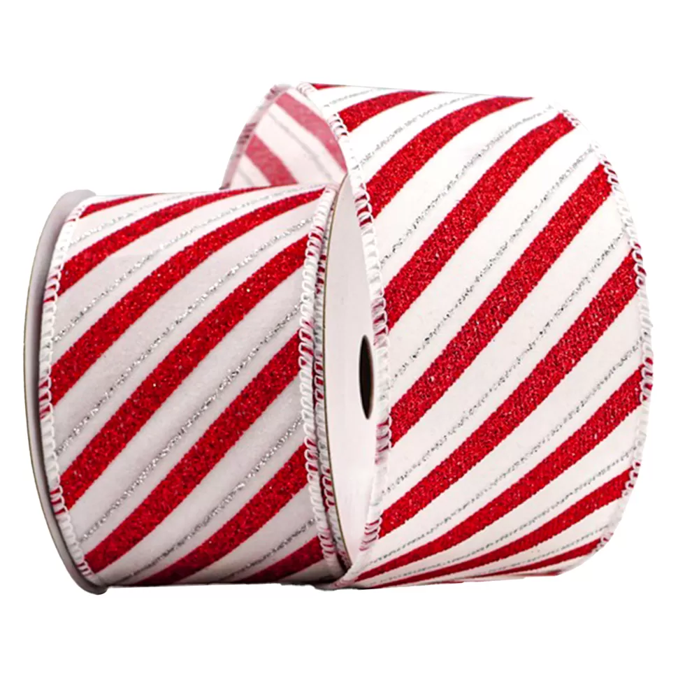 Christmas Forever WIRED RIBBON 2.5″x10 YDS. WHITE/RED/SILVER W/ DIAGONAL STRIPES