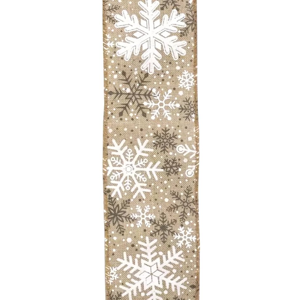 Christmas Forever WIRED RIBBON 2.5″X10YD NATURAL W/ WHITE 7 BROWN GLITTER SNOWFLAKES