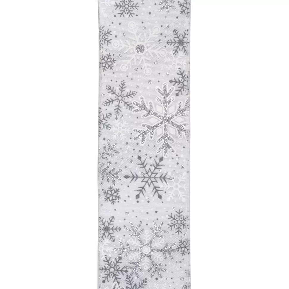 Christmas Forever WIRED RIBBON 2.5X10YDS WHITE W/ SILVER SNOWFLAKES