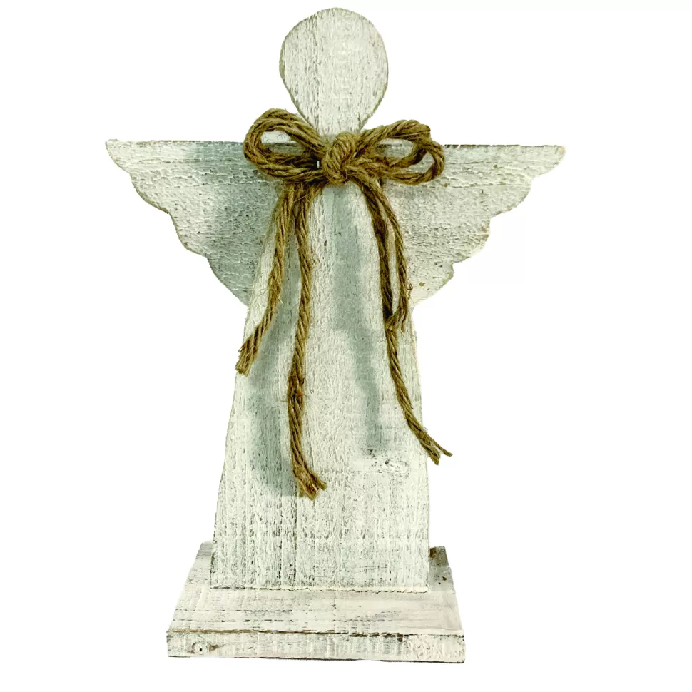 Christmas Forever WOODEN ANGEL 12″ WHITE WASH FINISH W/ YARN BOW