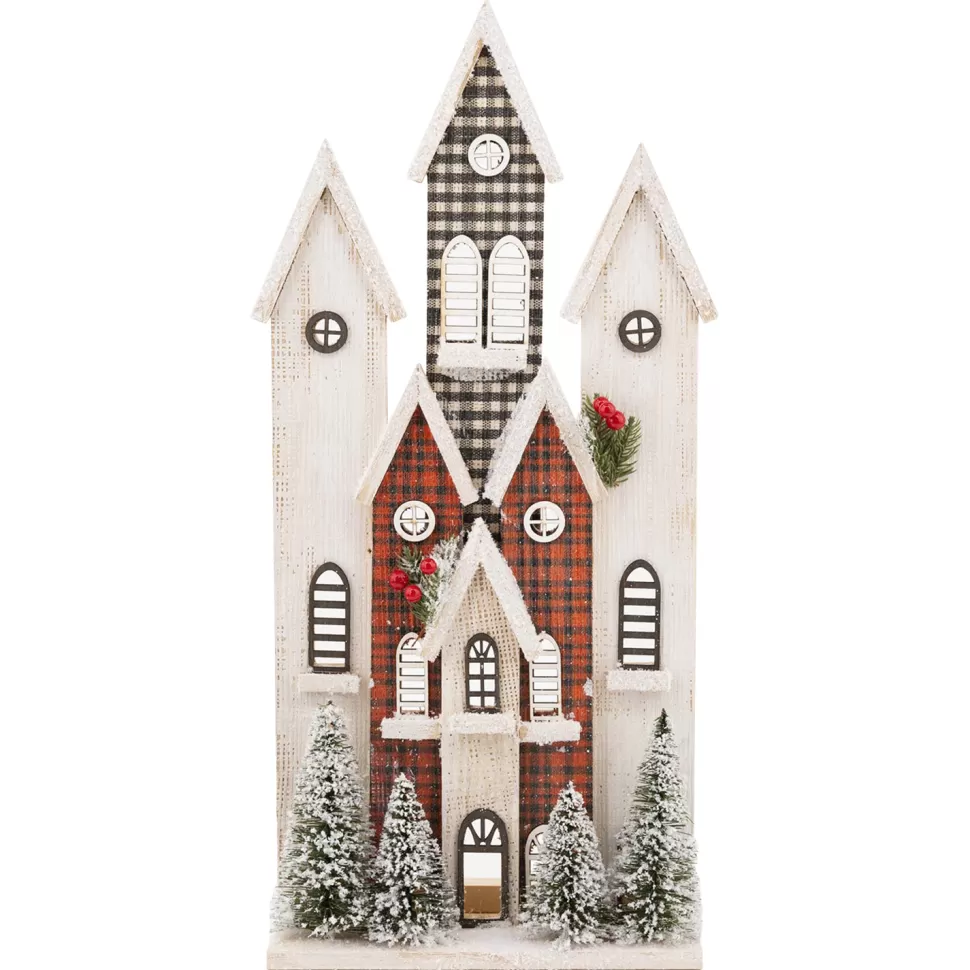Christmas Forever WOODEN HOUSE SCENE 21.5″ MULTI COLOR W/ TREES