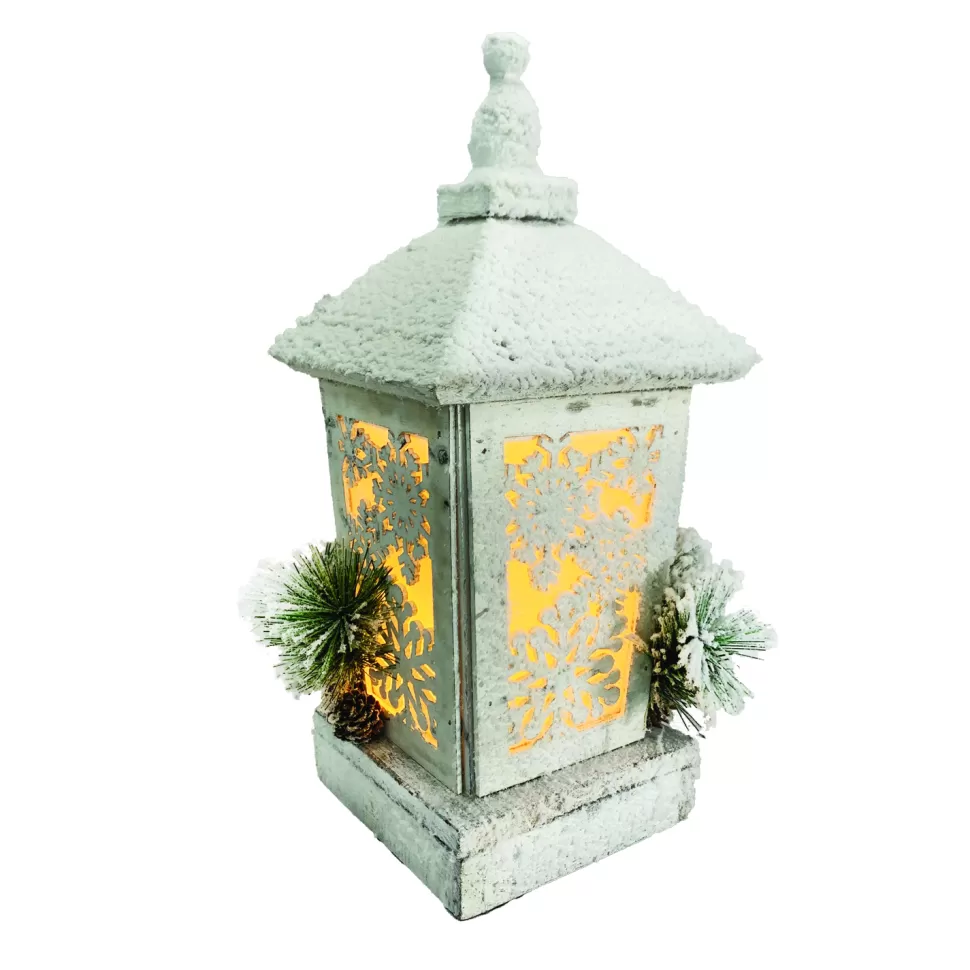 Christmas Forever WOODEN LANTERN 13.5″Hx6.5″ TABLE DECOR WITH LED LIGHTS & SNOW