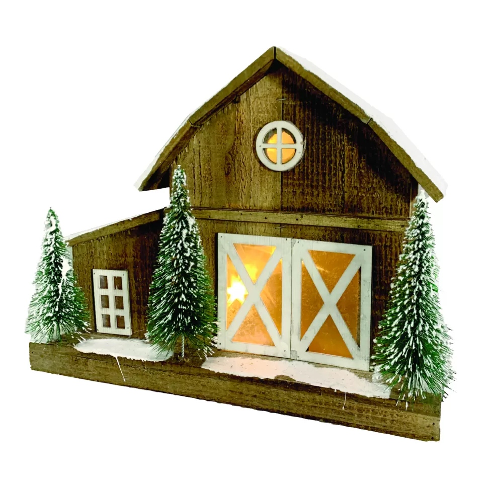 Christmas Forever WOODEN NAT. BARN 17.5″X 6″X14″ W/ LED LIGHTS SNOW & TREES