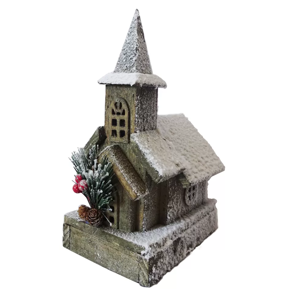 Christmas Forever WOODEN NAT. CHURCH 10″ W/ SNOW LED LIGHTS 3AA BATTERY W/ TIMER