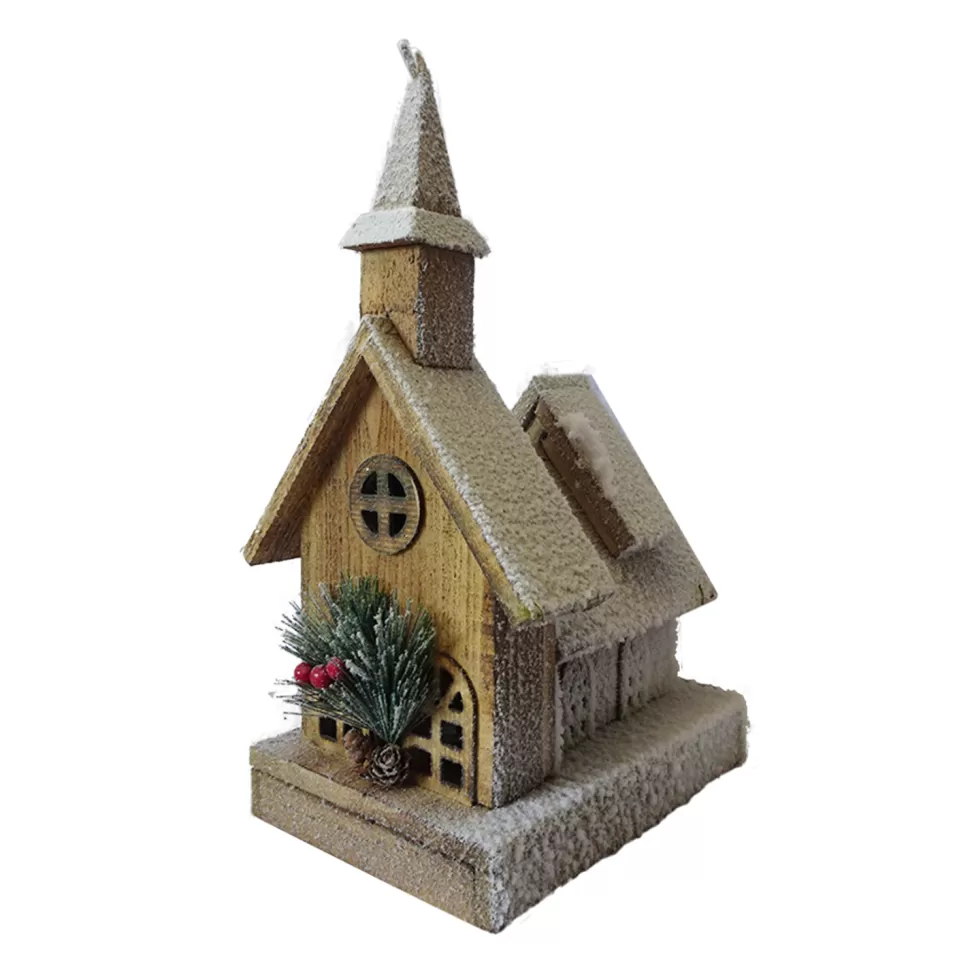 Christmas Forever WOODEN NAT. HOUSE 15″ W/ SNOW LED LIGHTS 3AA BATTERY W/TIMER