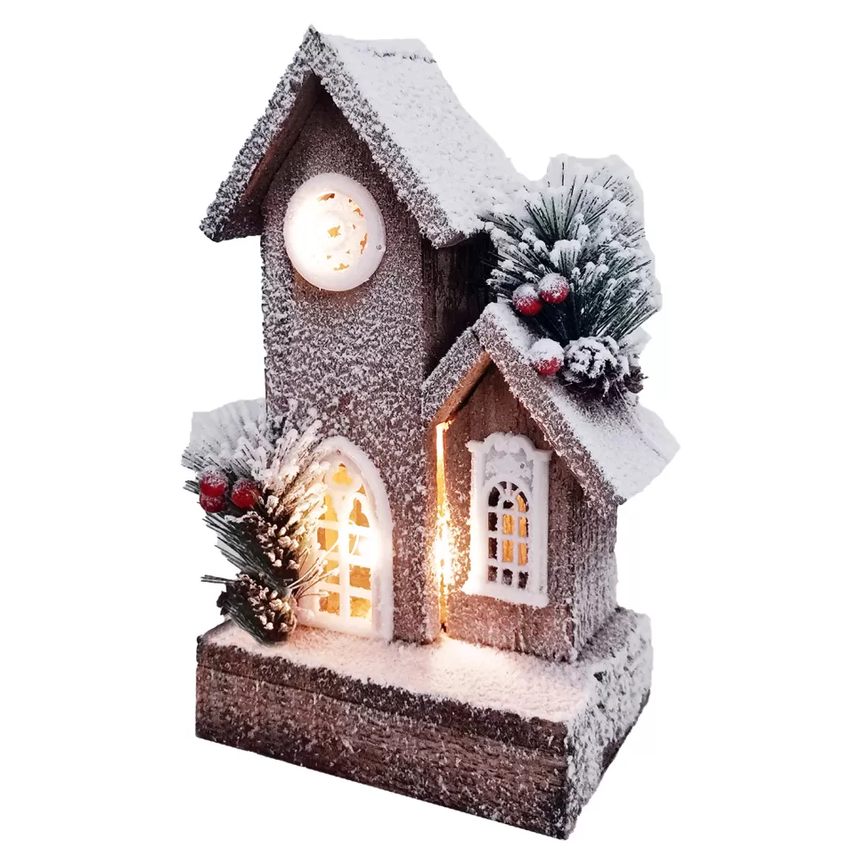 Christmas Forever WOODEN NAT./FLOCKED HOUSE 10″+10L W/ LED B/O (NOT INCLUDED) W/ TIMER