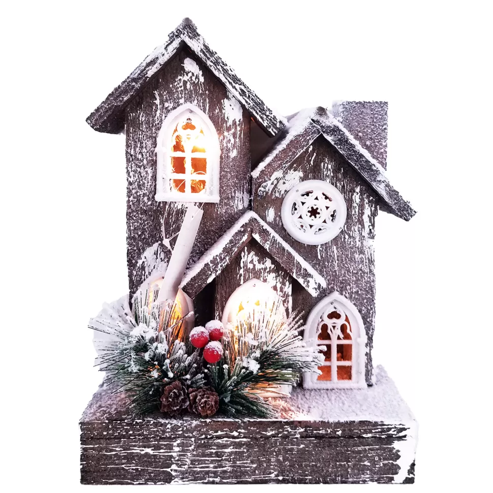 Christmas Forever WOODEN NAT./FLOCKED HOUSE 10.5″+10L W/ LED B/O (NOT INCLUDED) W/ TIMER