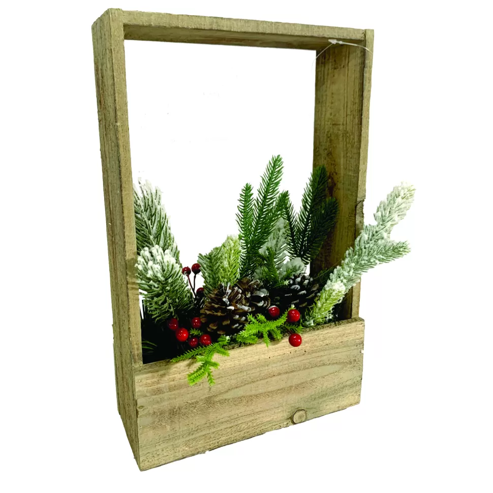 Christmas Forever WOODEN PLANTER BOX 6″ X 15″ W/ FLOCKED GREENERY AND RED BERRIES