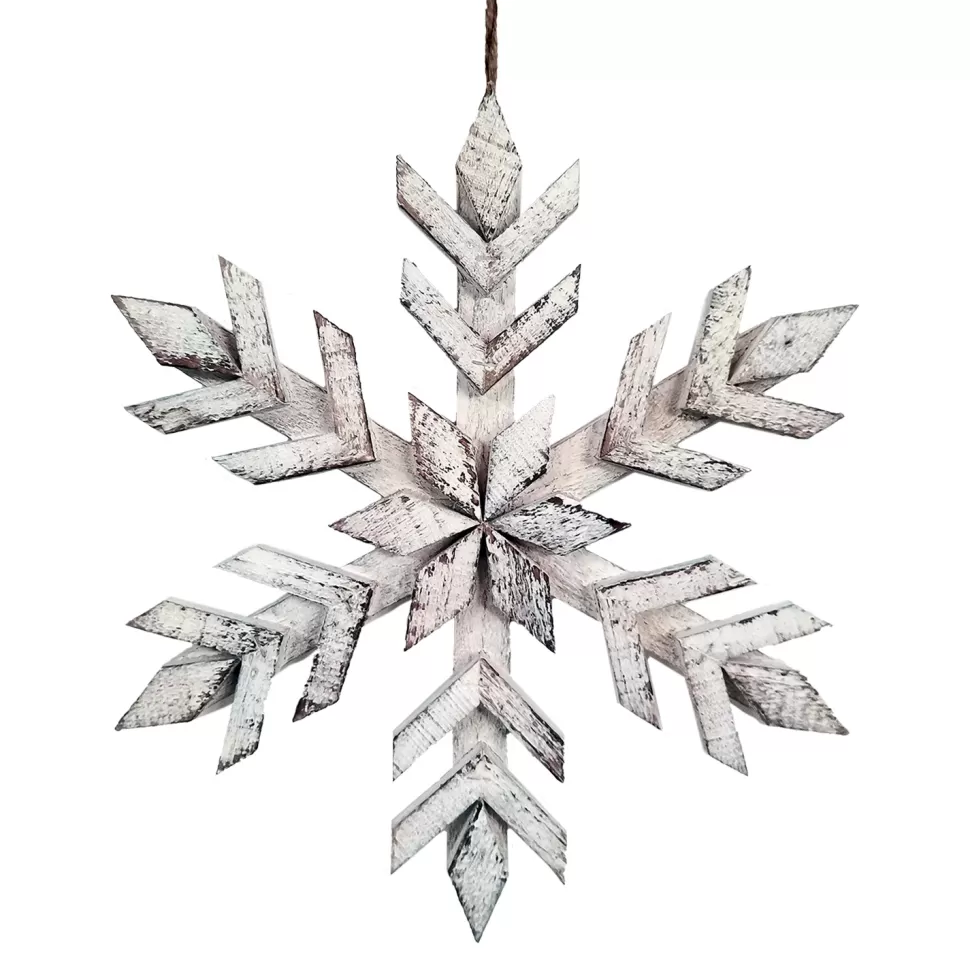 Christmas Forever WOODEN SNOWFLAKE HANGING DECOR 14″ WHITE WASHED