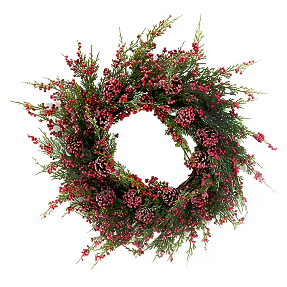Christmas Forever WREATH GRN 24″ CEDAR, RED BERRIES & CONES FROSTED