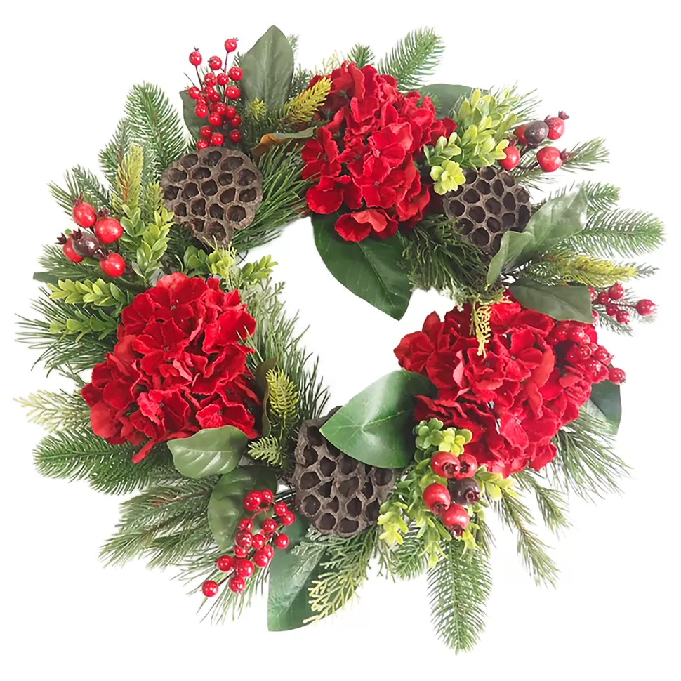 Christmas Forever WREATH RED HYDRANGEA 24″ W/LOTUS PODS, MIXED GREENS & RED BERRIES