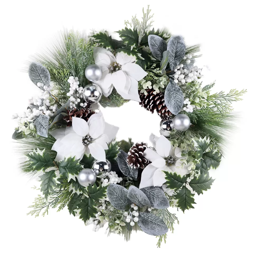 Christmas Forever WREATH WHITE POINSETTIA 24″ MIXED PINE W/ BERRIES & CHAMPAGNE BALLS