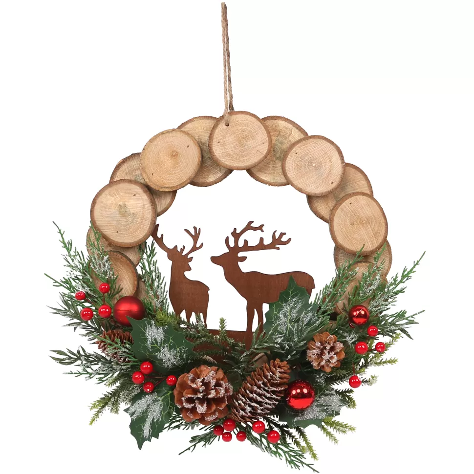 Christmas Forever WREATH WOODEN 12.5″ W/ MIXED PINE, RED BERRIES, PINE CONES & COPPER REINDEER